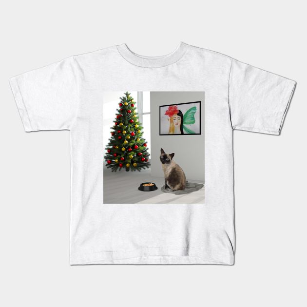 Siamese cat sitting in the white room with food and Christmas tree Kids T-Shirt by Ammi